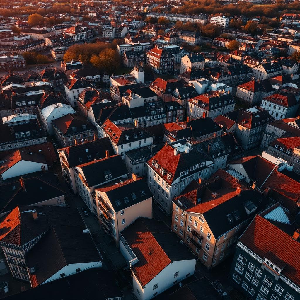 Vy över svenska hustak i varmt kvällsljus